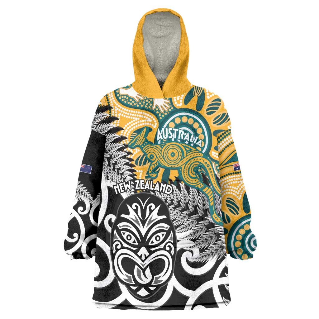 New Zealand Australia Rugby Custom Wearable Blanket Hoodie Wallabies Aboriginal All Black Maori Tiki Together - Aussie Hoodie
