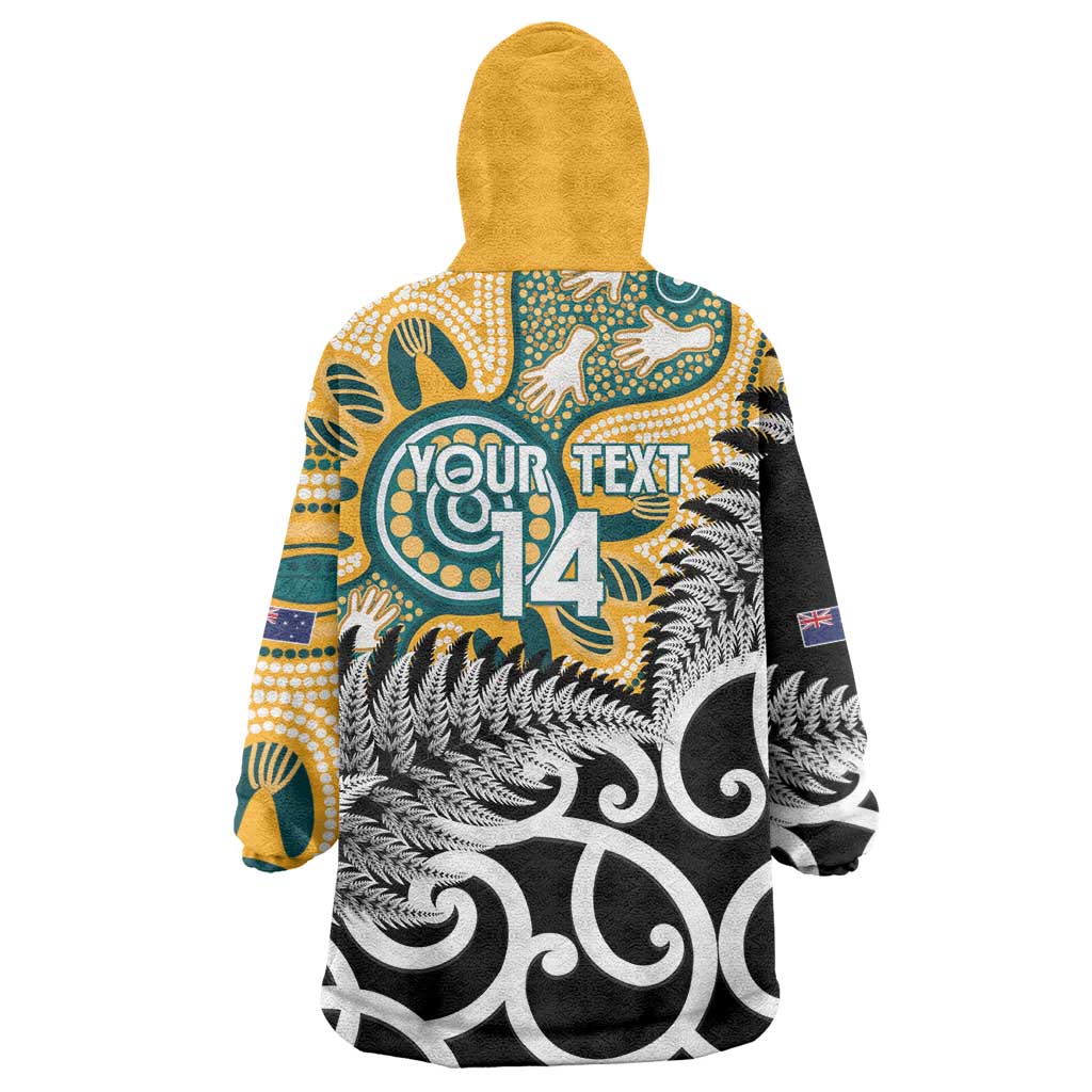 New Zealand Australia Rugby Custom Wearable Blanket Hoodie Wallabies Aboriginal All Black Maori Tiki Together - Aussie Hoodie