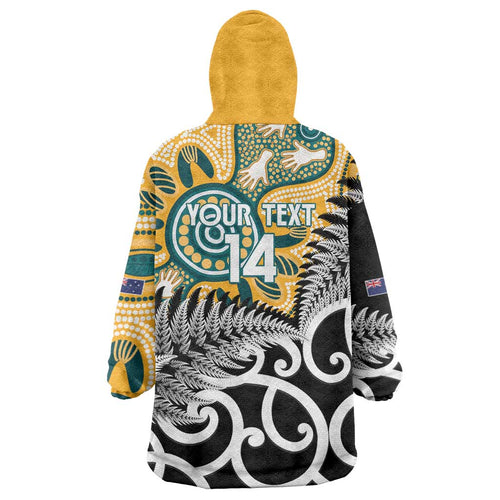 New Zealand Australia Rugby Custom Wearable Blanket Hoodie Wallabies Aboriginal All Black Maori Tiki Together - Aussie Hoodie