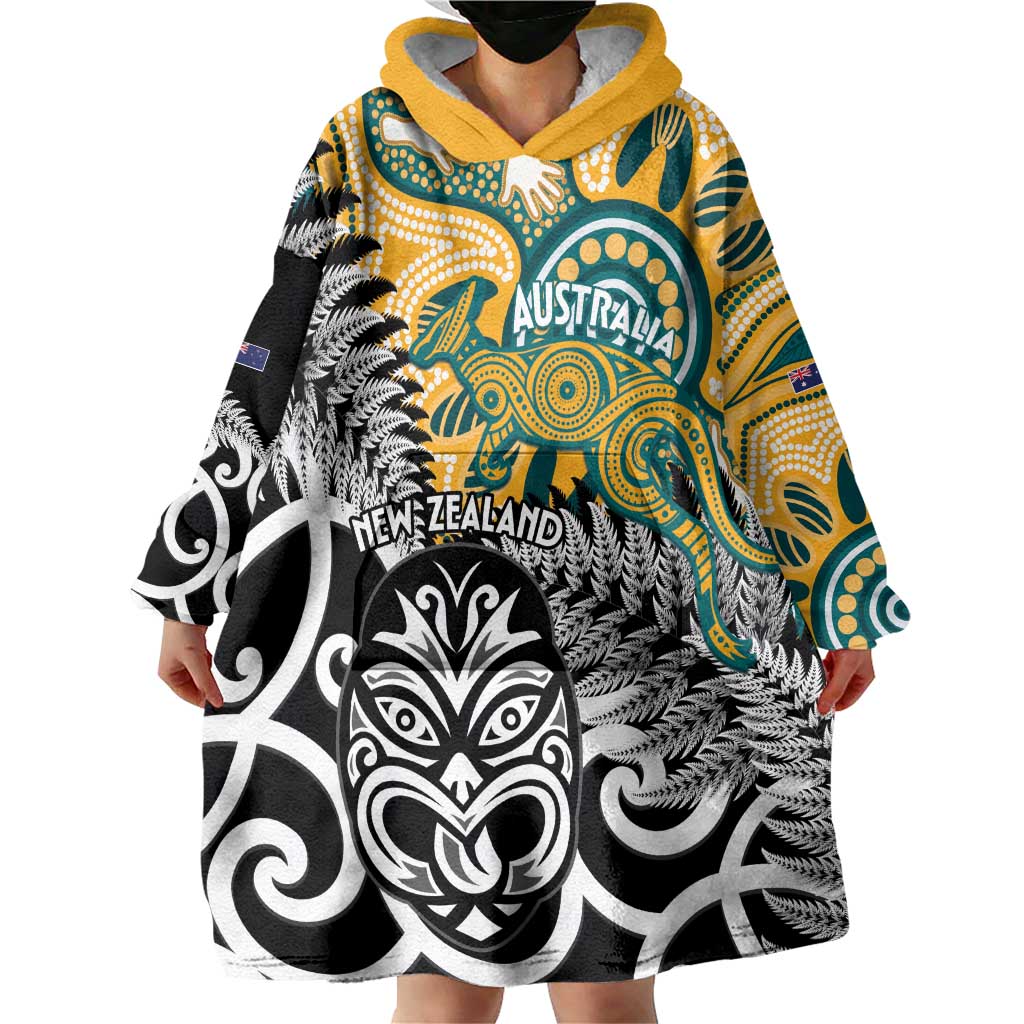 New Zealand Australia Rugby Custom Wearable Blanket Hoodie Wallabies Aboriginal All Black Maori Tiki Together - Aussie Hoodie