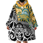 New Zealand Australia Rugby Custom Wearable Blanket Hoodie Wallabies Aboriginal All Black Maori Tiki Together - Aussie Hoodie
