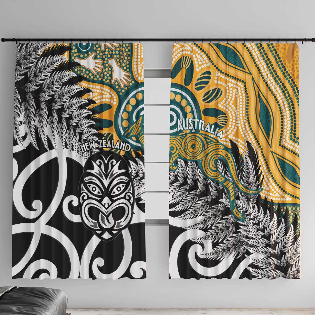 New Zealand Australia Rugby Window Curtain Wallabies Aboriginal All Black Maori Tiki Together - Aussie Hoodie