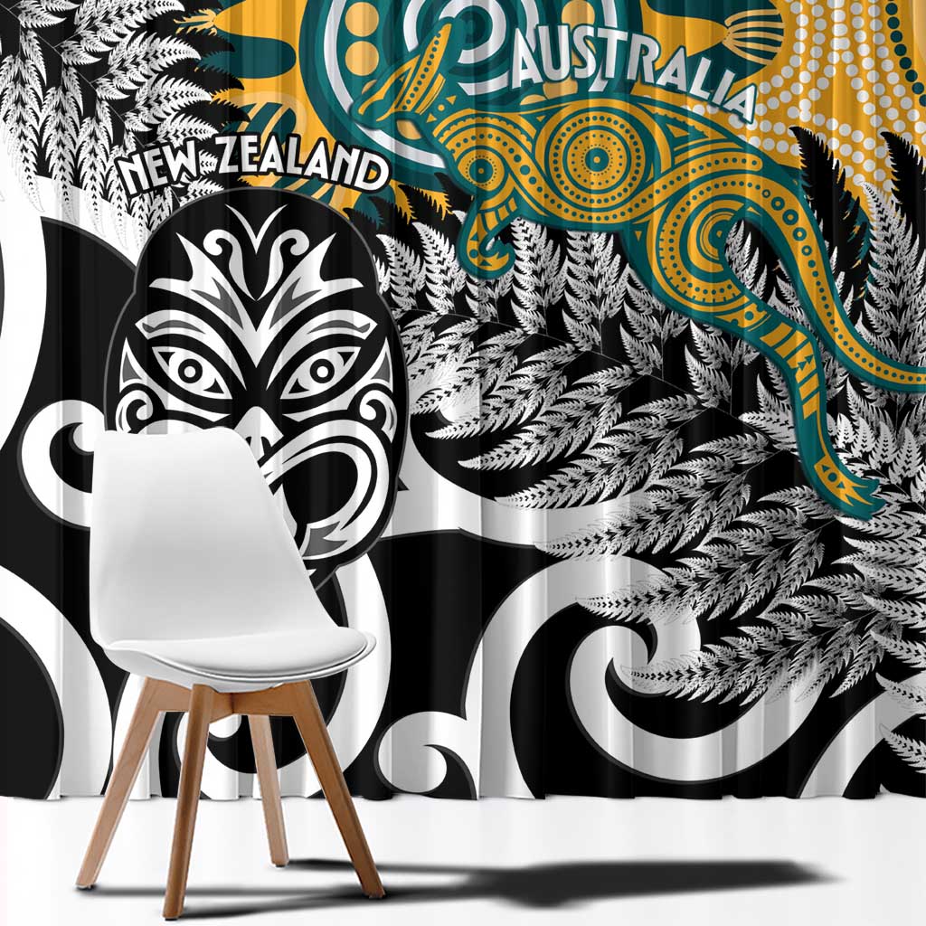 New Zealand Australia Rugby Window Curtain Wallabies Aboriginal All Black Maori Tiki Together - Aussie Hoodie