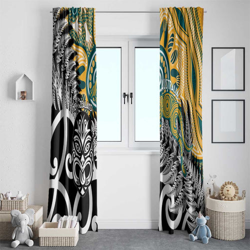 New Zealand Australia Rugby Window Curtain Wallabies Aboriginal All Black Maori Tiki Together - Aussie Hoodie