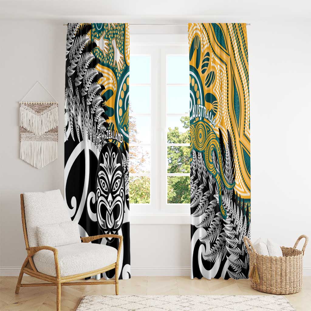 New Zealand Australia Rugby Window Curtain Wallabies Aboriginal All Black Maori Tiki Together - Aussie Hoodie