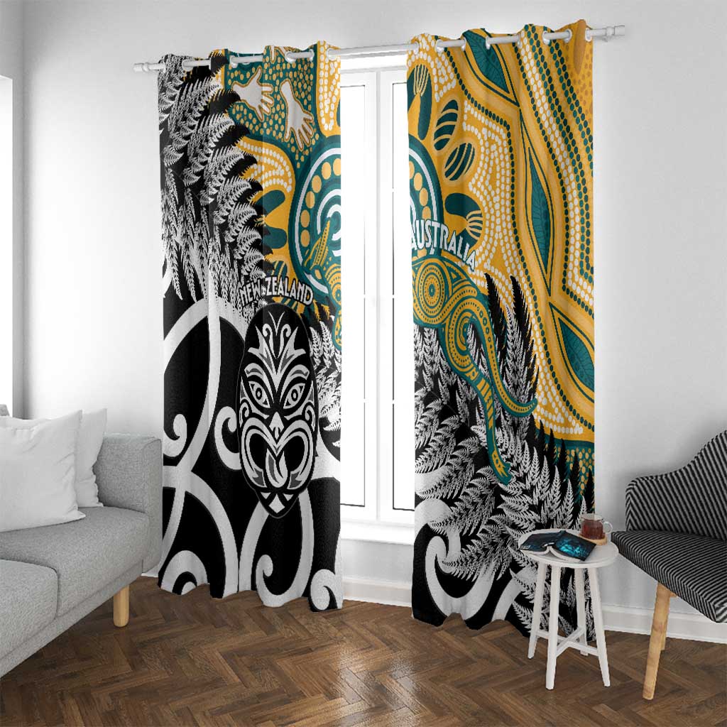 New Zealand Australia Rugby Window Curtain Wallabies Aboriginal All Black Maori Tiki Together - Aussie Hoodie