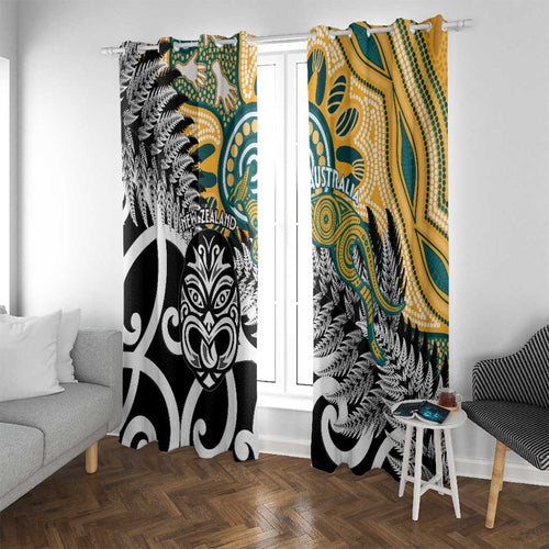 New Zealand Australia Rugby Window Curtain Wallabies Aboriginal All Black Maori Tiki Together - Aussie Hoodie