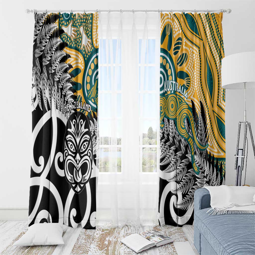 New Zealand Australia Rugby Window Curtain Wallabies Aboriginal All Black Maori Tiki Together - Aussie Hoodie