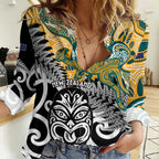 New Zealand Australia Rugby Custom Women Casual Shirt Wallabies Aboriginal All Black Maori Tiki Together - Aussie Hoodie