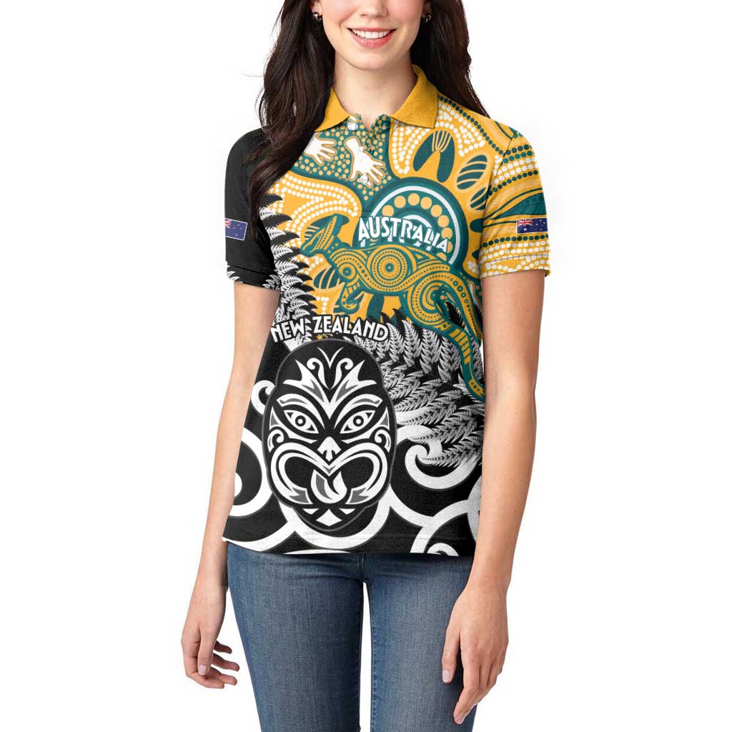 New Zealand Australia Rugby Custom Women Polo Shirt Wallabies Aboriginal All Black Maori Tiki Together - Aussie Hoodie