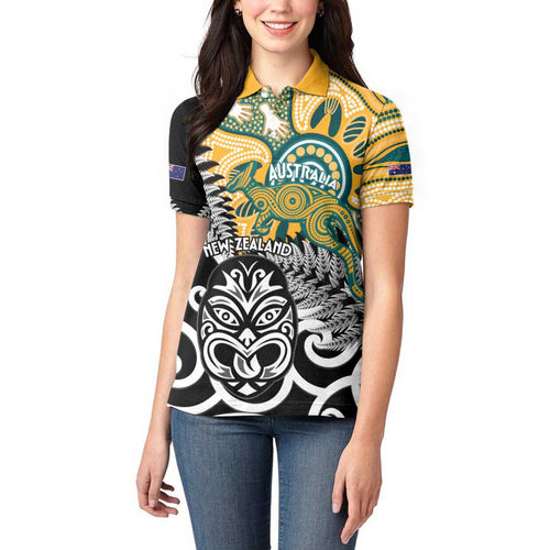 New Zealand Australia Rugby Custom Women Polo Shirt Wallabies Aboriginal All Black Maori Tiki Together - Aussie Hoodie