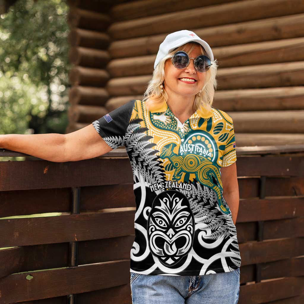 New Zealand Australia Rugby Custom Women Polo Shirt Wallabies Aboriginal All Black Maori Tiki Together - Aussie Hoodie