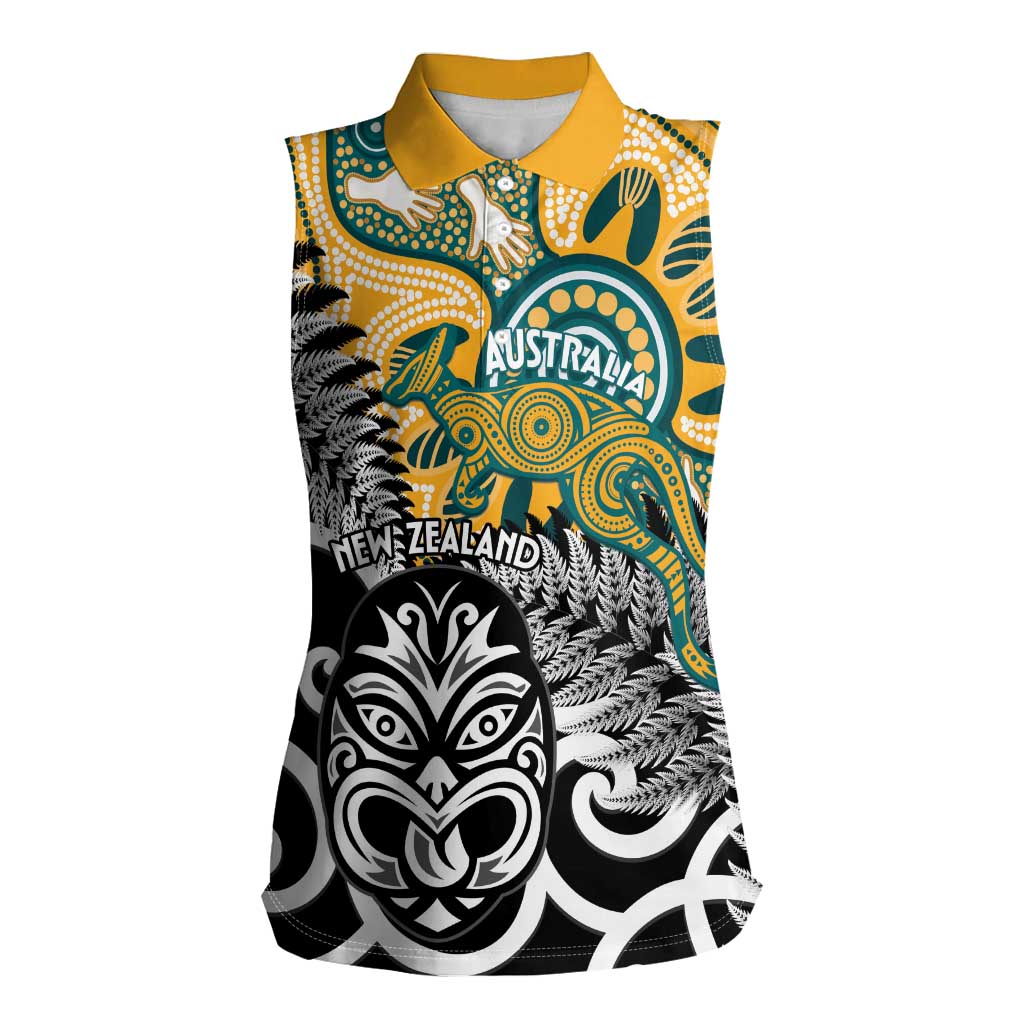 New Zealand Australia Rugby Custom Women Sleeveless Polo Shirt Wallabies Aboriginal All Black Maori Tiki Together - Aussie Hoodie
