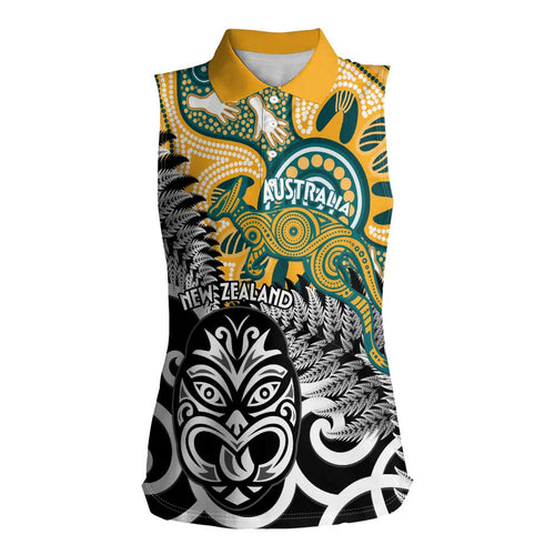 New Zealand Australia Rugby Custom Women Sleeveless Polo Shirt Wallabies Aboriginal All Black Maori Tiki Together - Aussie Hoodie