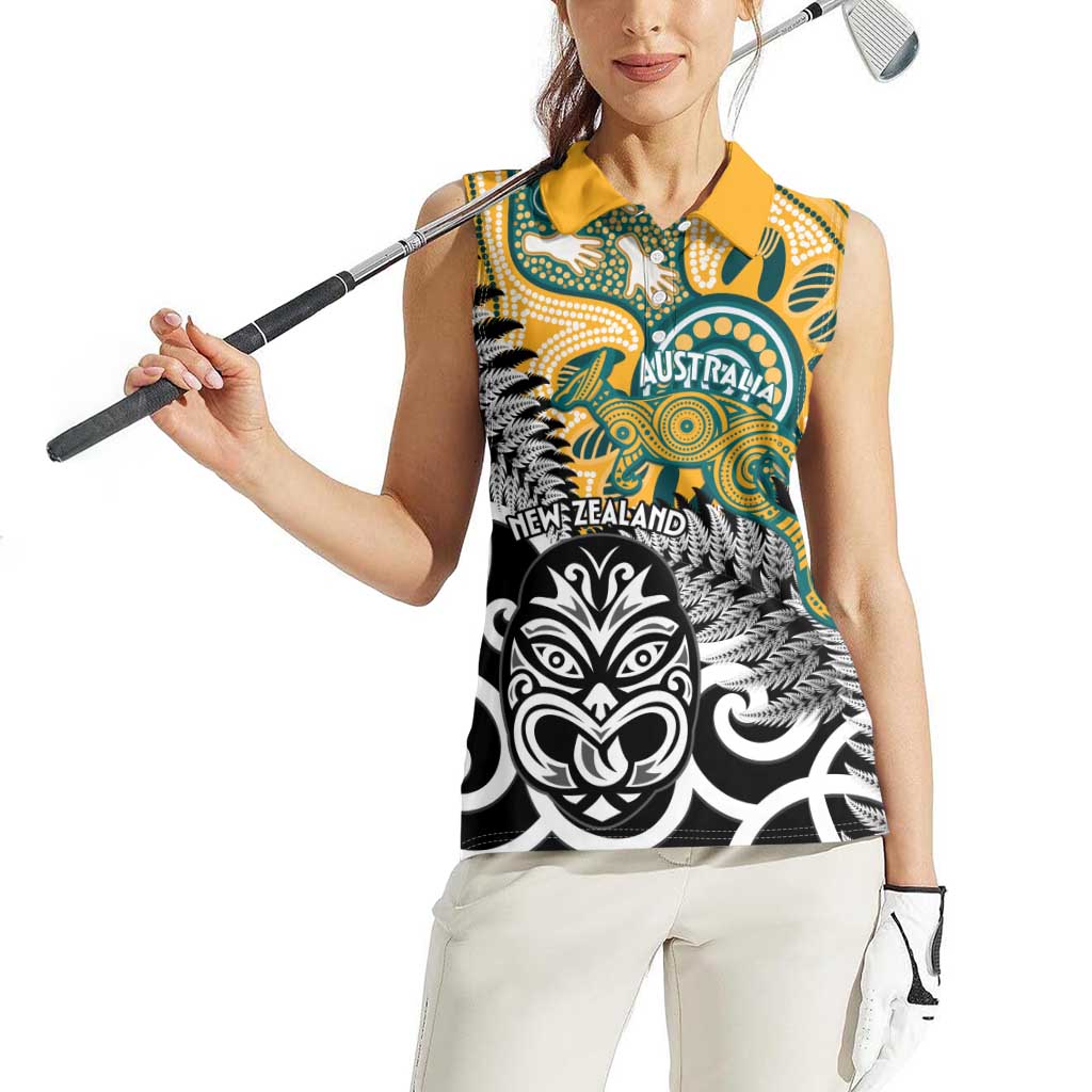 New Zealand Australia Rugby Custom Women Sleeveless Polo Shirt Wallabies Aboriginal All Black Maori Tiki Together - Aussie Hoodie