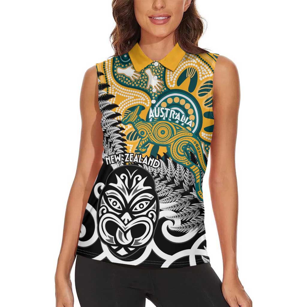 New Zealand Australia Rugby Custom Women Sleeveless Polo Shirt Wallabies Aboriginal All Black Maori Tiki Together - Aussie Hoodie