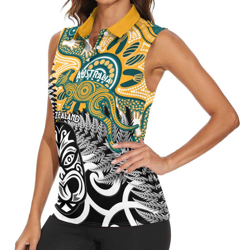New Zealand Australia Rugby Custom Women Sleeveless Polo Shirt Wallabies Aboriginal All Black Maori Tiki Together - Aussie Hoodie