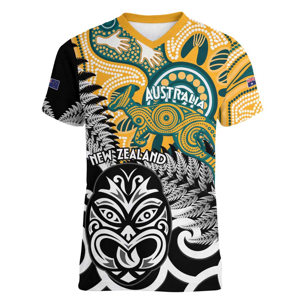 New Zealand Australia Rugby Custom Women V-Neck T-Shirt Wallabies Aboriginal All Black Maori Tiki Together - Aussie Hoodie
