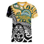New Zealand Australia Rugby Custom Women V-Neck T-Shirt Wallabies Aboriginal All Black Maori Tiki Together - Aussie Hoodie