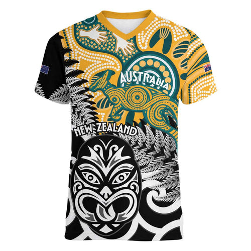 New Zealand Australia Rugby Custom Women V-Neck T-Shirt Wallabies Aboriginal All Black Maori Tiki Together - Aussie Hoodie