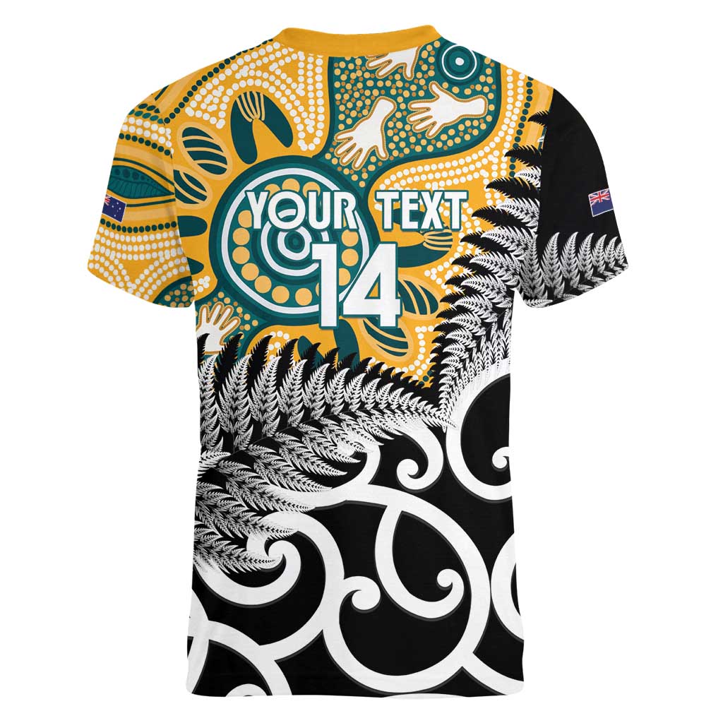 New Zealand Australia Rugby Custom Women V-Neck T-Shirt Wallabies Aboriginal All Black Maori Tiki Together - Aussie Hoodie