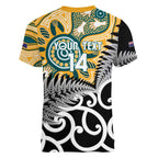 New Zealand Australia Rugby Custom Women V-Neck T-Shirt Wallabies Aboriginal All Black Maori Tiki Together - Aussie Hoodie