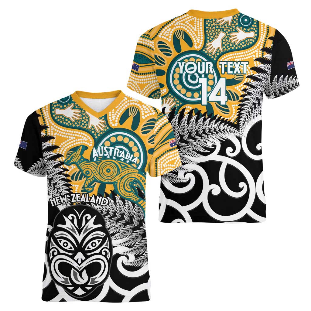 New Zealand Australia Rugby Custom Women V-Neck T-Shirt Wallabies Aboriginal All Black Maori Tiki Together - Aussie Hoodie