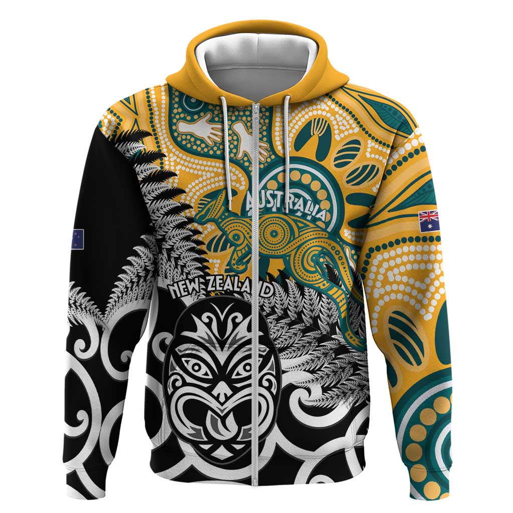 New Zealand Australia Rugby Custom Zip Hoodie Wallabies Aboriginal All Black Maori Tiki Together - Aussie Hoodie