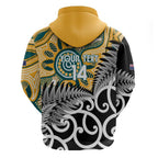 New Zealand Australia Rugby Custom Zip Hoodie Wallabies Aboriginal All Black Maori Tiki Together - Aussie Hoodie