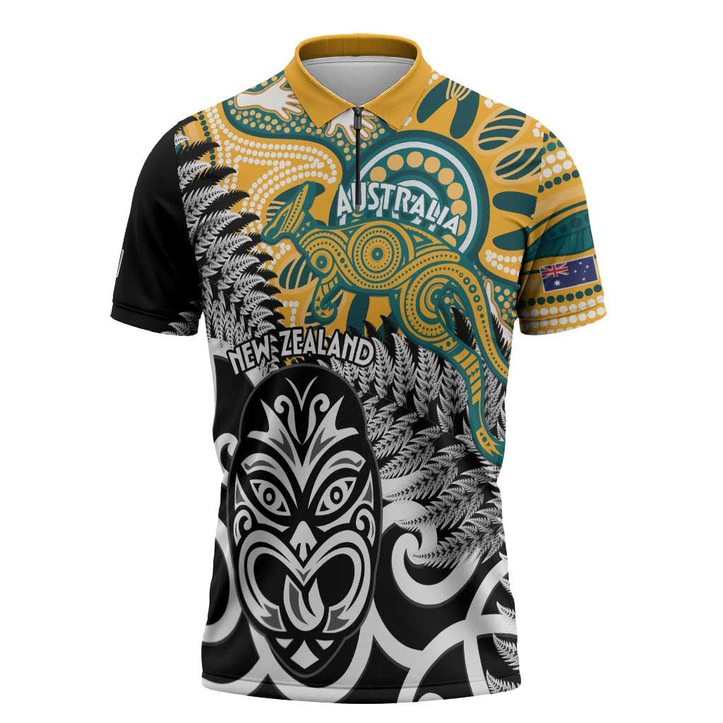 New Zealand Australia Rugby Custom Zipper Polo Shirt Wallabies Aboriginal All Black Maori Tiki Together - Aussie Hoodie