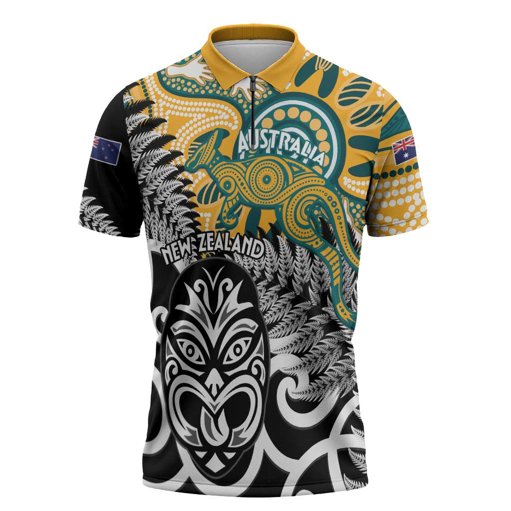 New Zealand Australia Rugby Custom Zipper Polo Shirt Wallabies Aboriginal All Black Maori Tiki Together - Aussie Hoodie