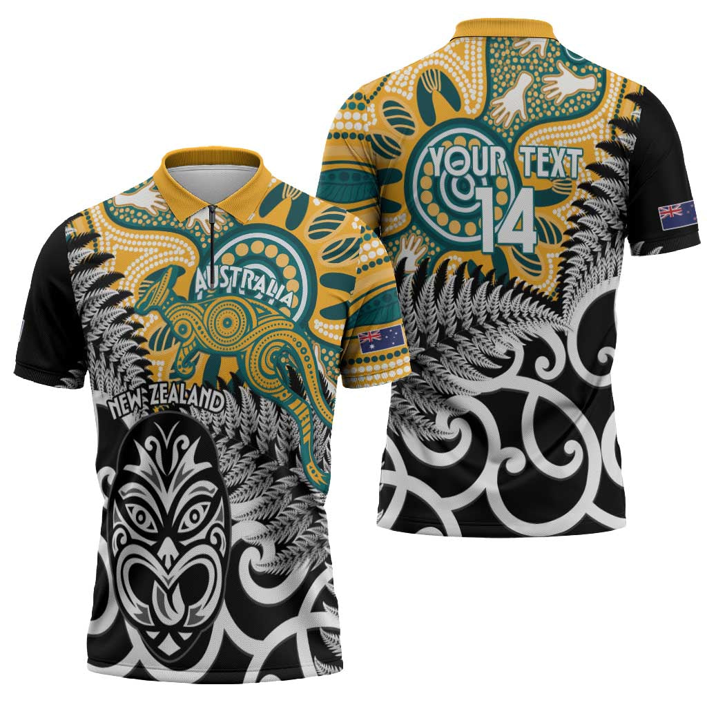 New Zealand Australia Rugby Custom Zipper Polo Shirt Wallabies Aboriginal All Black Maori Tiki Together - Aussie Hoodie