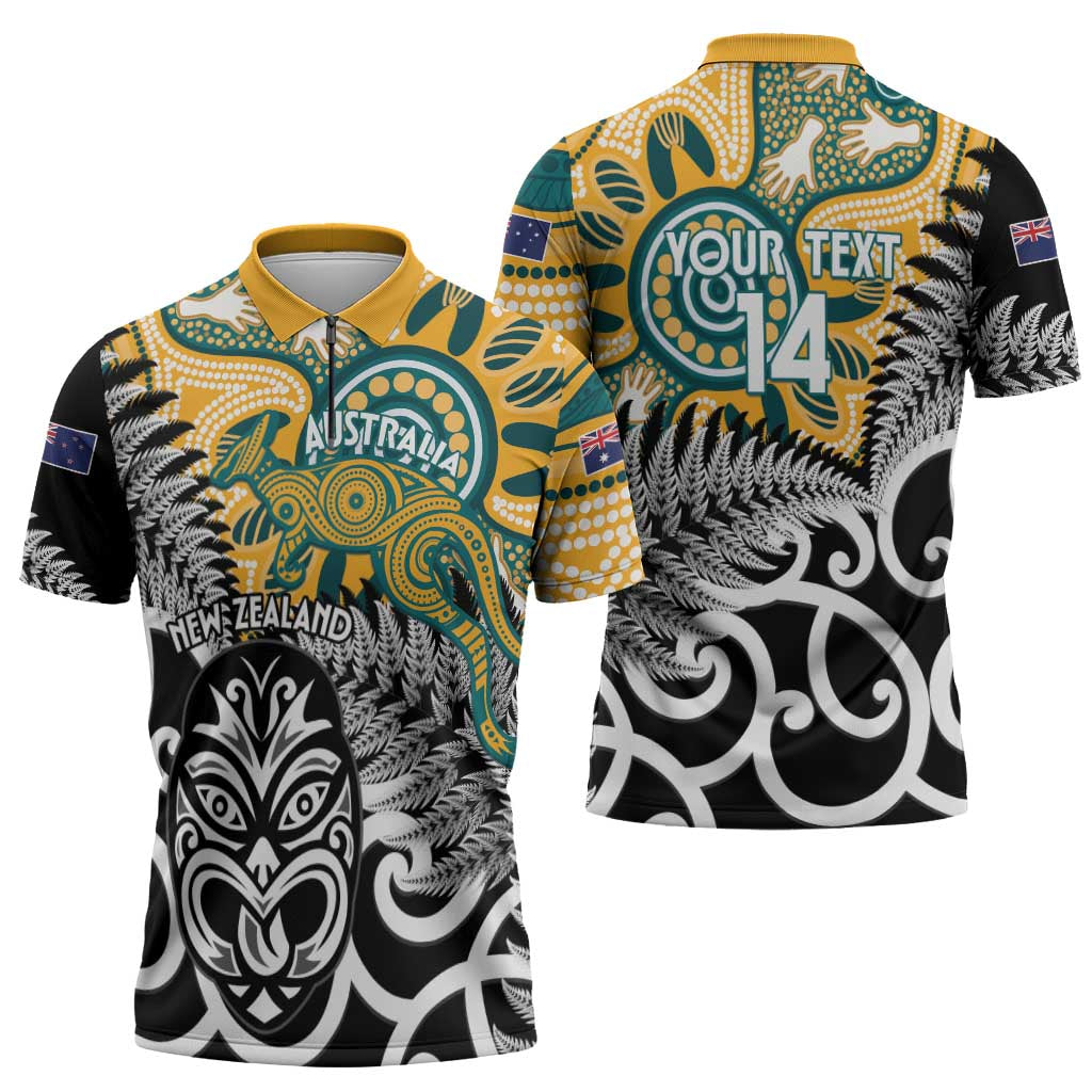 New Zealand Australia Rugby Custom Zipper Polo Shirt Wallabies Aboriginal All Black Maori Tiki Together - Aussie Hoodie