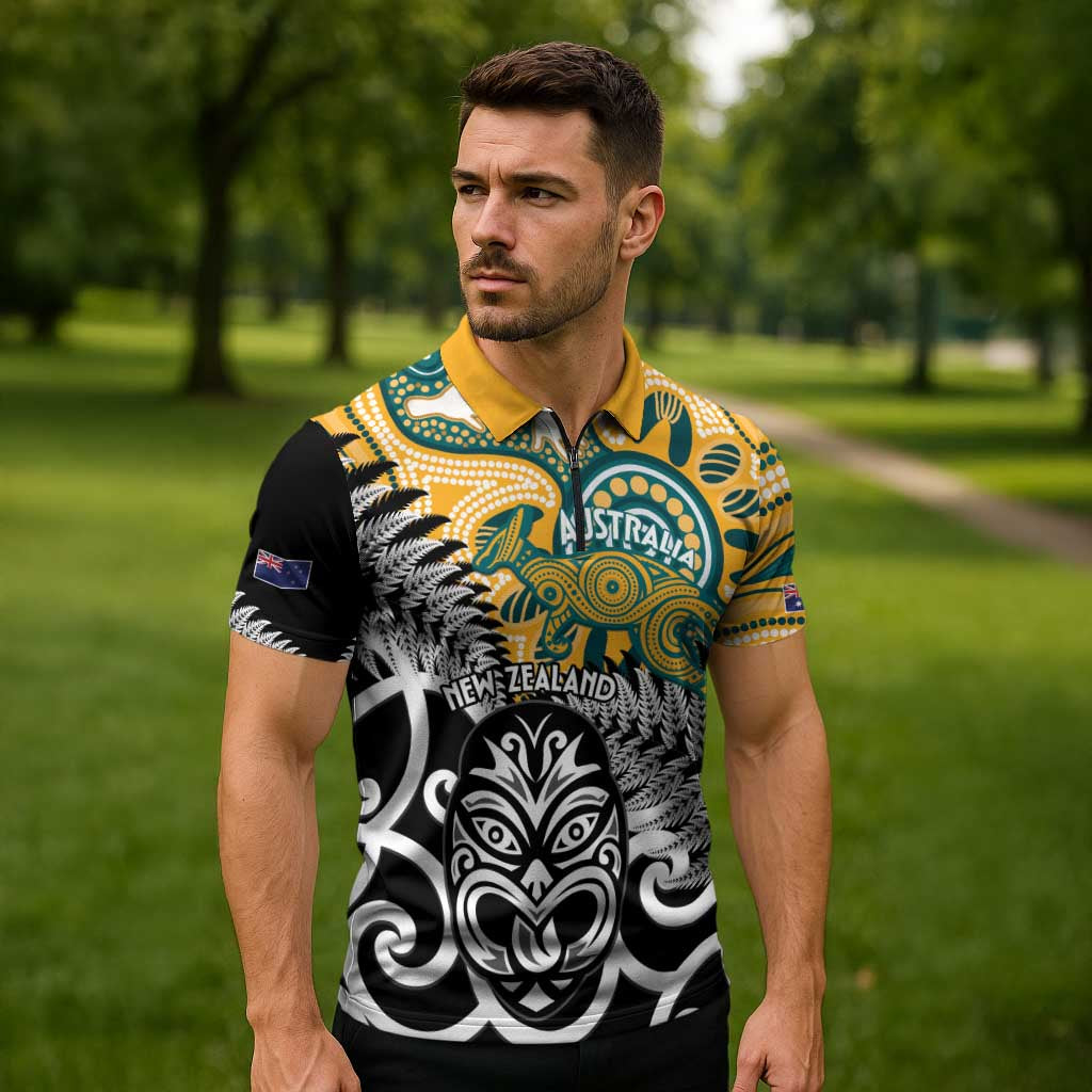 New Zealand Australia Rugby Custom Zipper Polo Shirt Wallabies Aboriginal All Black Maori Tiki Together - Aussie Hoodie