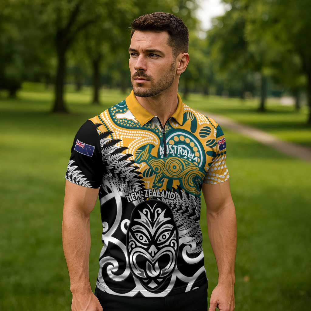 New Zealand Australia Rugby Custom Zipper Polo Shirt Wallabies Aboriginal All Black Maori Tiki Together - Aussie Hoodie