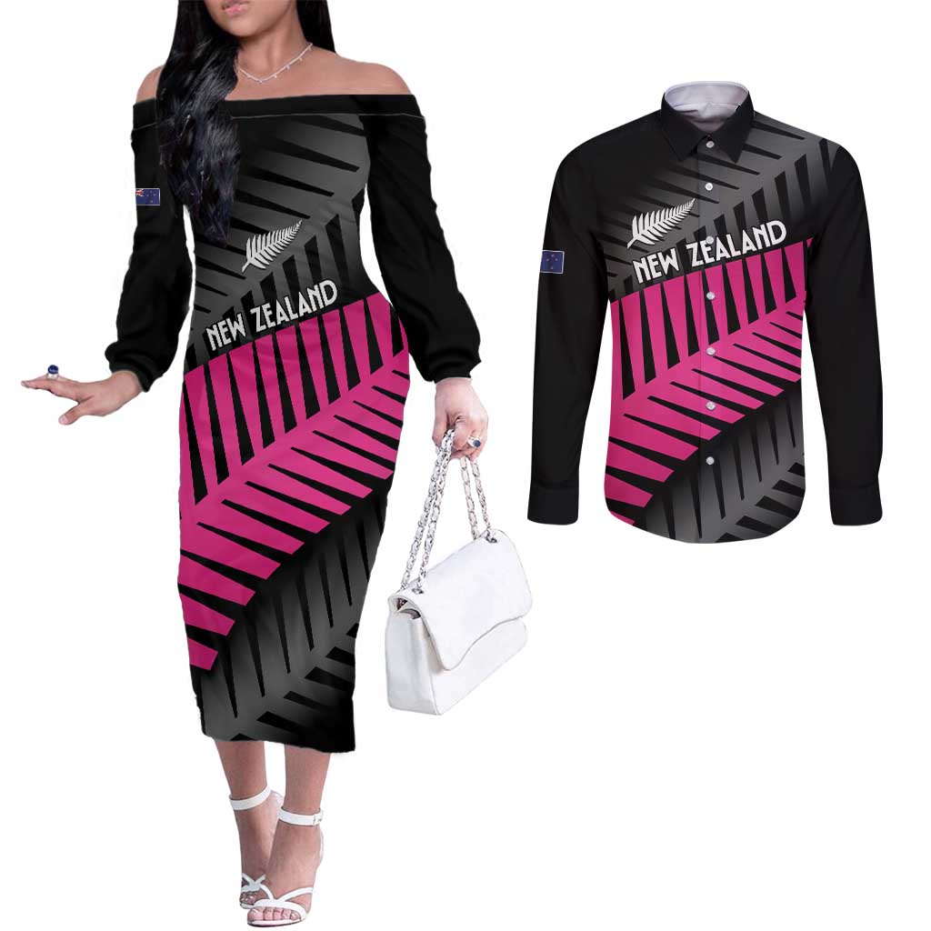 New Zealand Silver Fern Rugby Custom Couples Matching Off The Shoulder Long Sleeve Dress and Long Sleeve Button Shirt 2025 All Black Go Champions - Aussie Hoodie