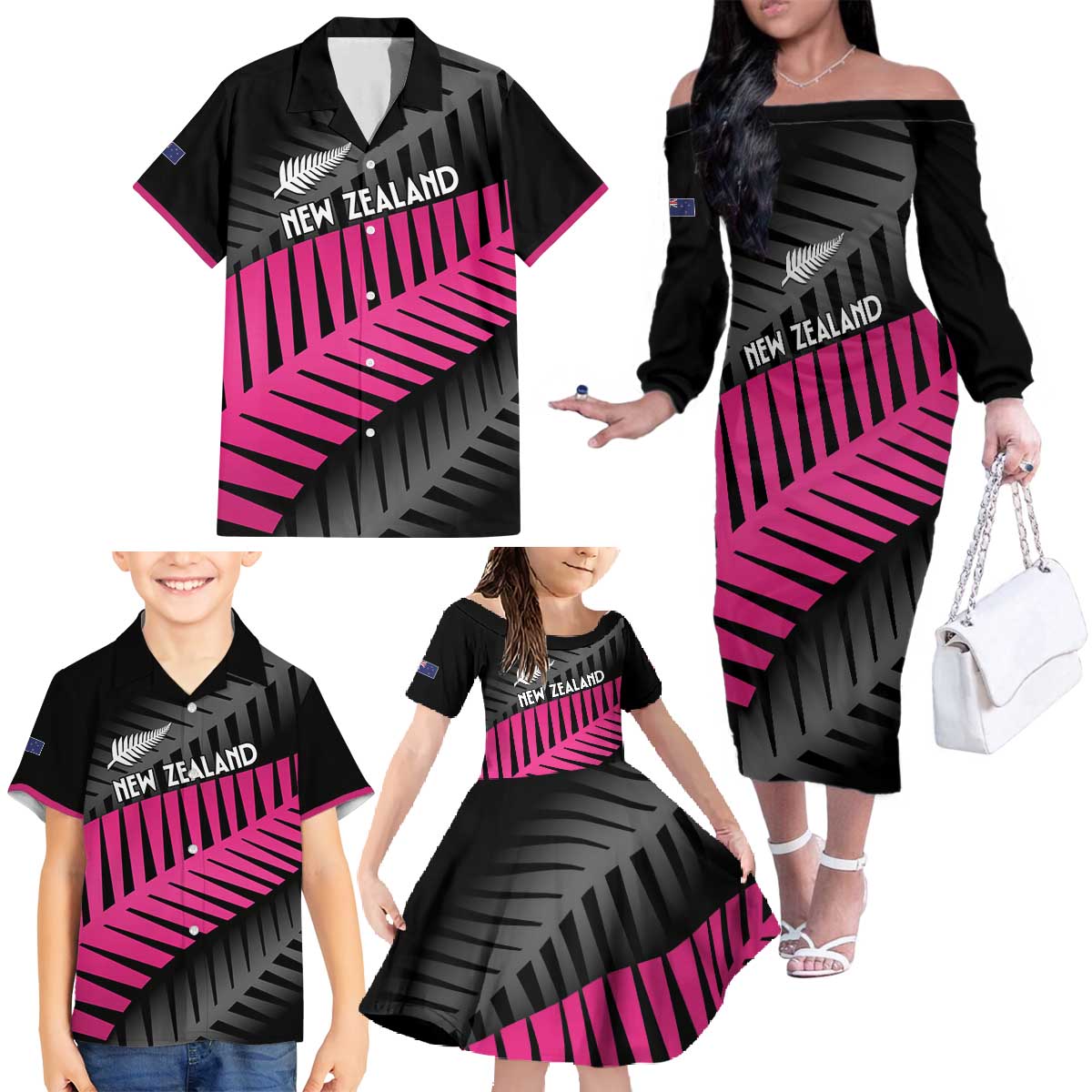 New Zealand Silver Fern Rugby Custom Family Matching Off The Shoulder Long Sleeve Dress and Hawaiian Shirt 2025 All Black Go Champions - Aussie Hoodie