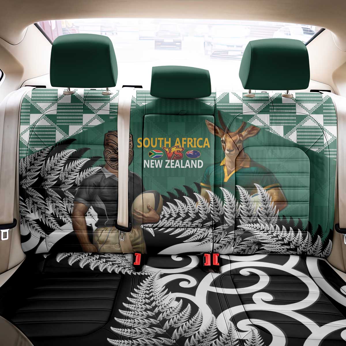 New Zealand South Africa Rugby Back Car Seat Cover Springboks Kente All Black Maori Together - Aussie Hoodie