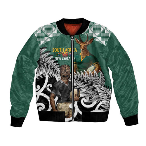 New Zealand South Africa Rugby Custom Bomber Jacket Springboks Kente All Black Maori Together - Aussie Hoodie