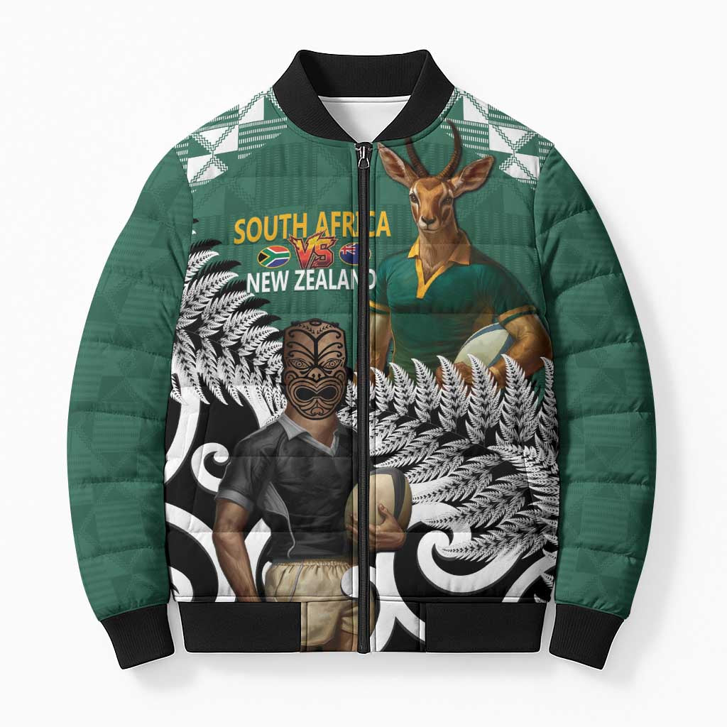 New Zealand South Africa Rugby Custom Bomber Puffer Jacket Springboks Kente All Black Maori Together - Aussie Hoodie