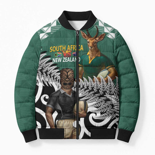 New Zealand South Africa Rugby Custom Bomber Puffer Jacket Springboks Kente All Black Maori Together - Aussie Hoodie