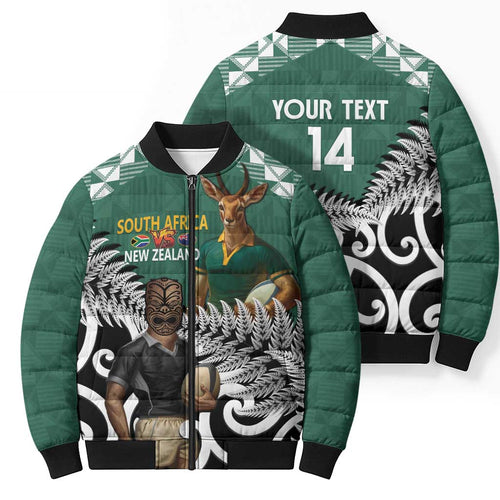 New Zealand South Africa Rugby Custom Bomber Puffer Jacket Springboks Kente All Black Maori Together - Aussie Hoodie