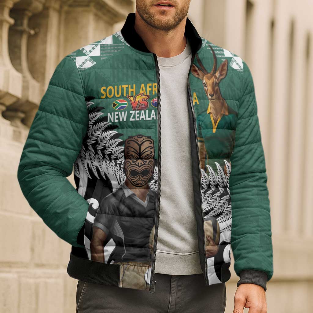 New Zealand South Africa Rugby Custom Bomber Puffer Jacket Springboks Kente All Black Maori Together - Aussie Hoodie