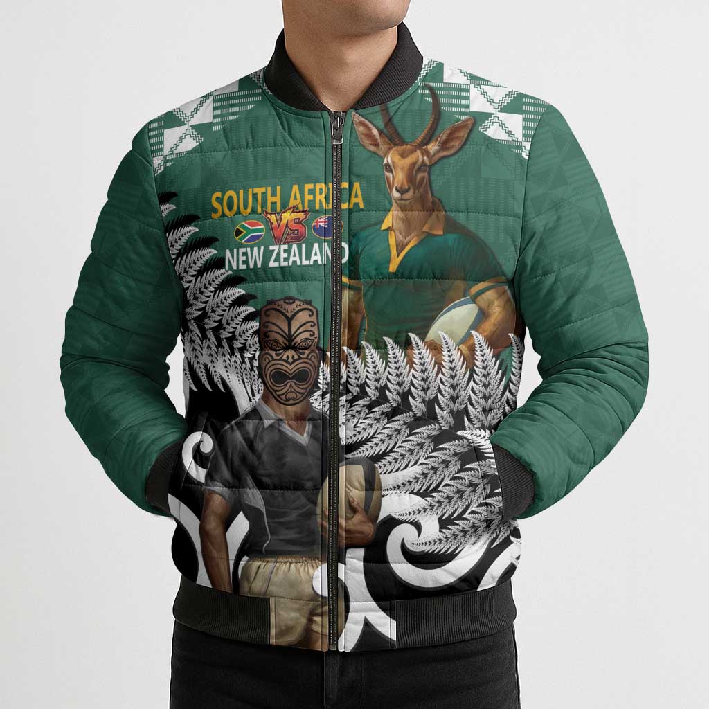 New Zealand South Africa Rugby Custom Bomber Puffer Jacket Springboks Kente All Black Maori Together - Aussie Hoodie