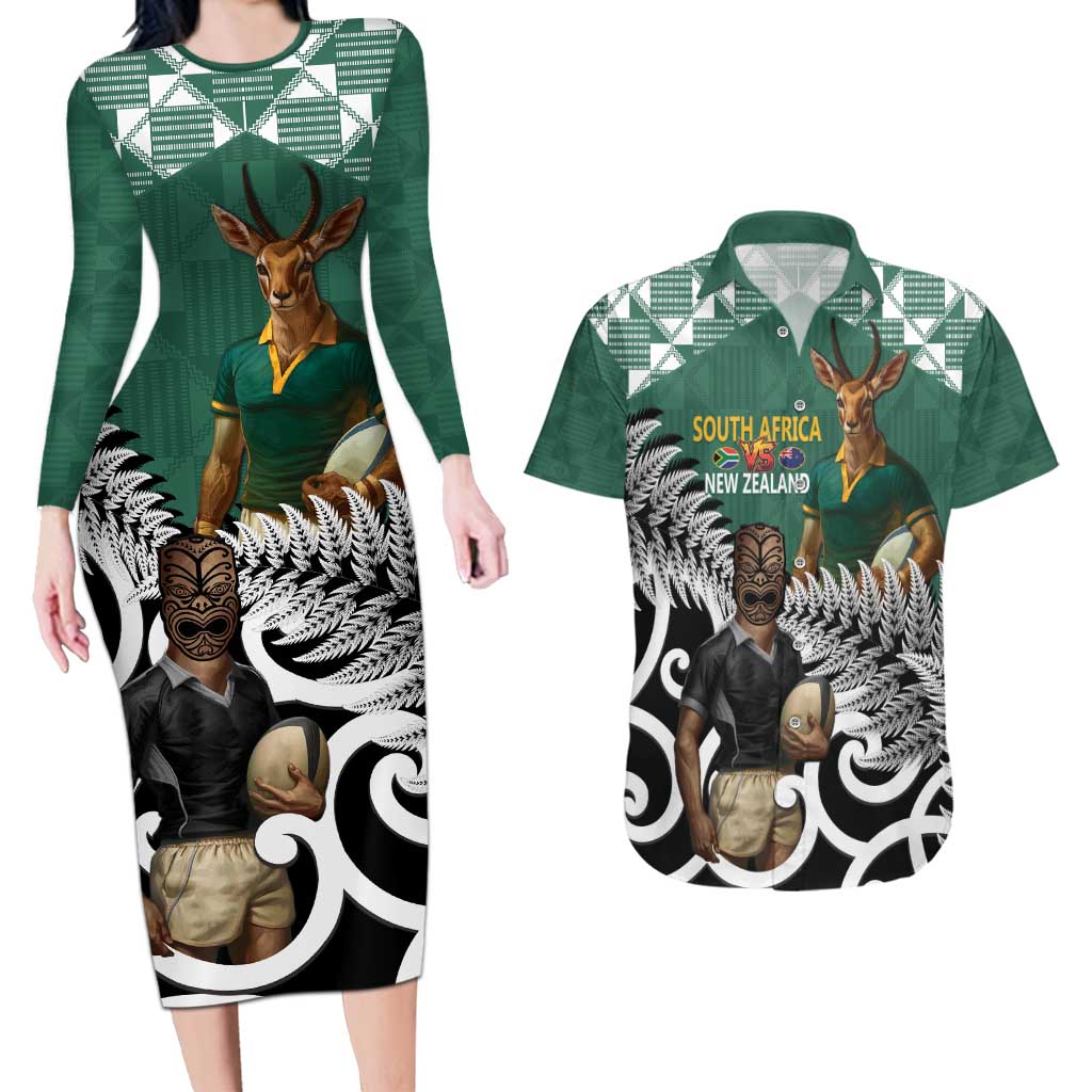 New Zealand South Africa Rugby Custom Couples Matching Long Sleeve Bodycon Dress and Hawaiian Shirt Springboks Kente All Black Maori Together - Aussie Hoodie