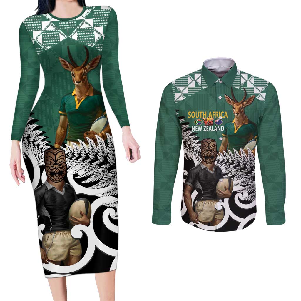 New Zealand South Africa Rugby Custom Couples Matching Long Sleeve Bodycon Dress and Long Sleeve Button Shirt Springboks Kente All Black Maori Together - Aussie Hoodie