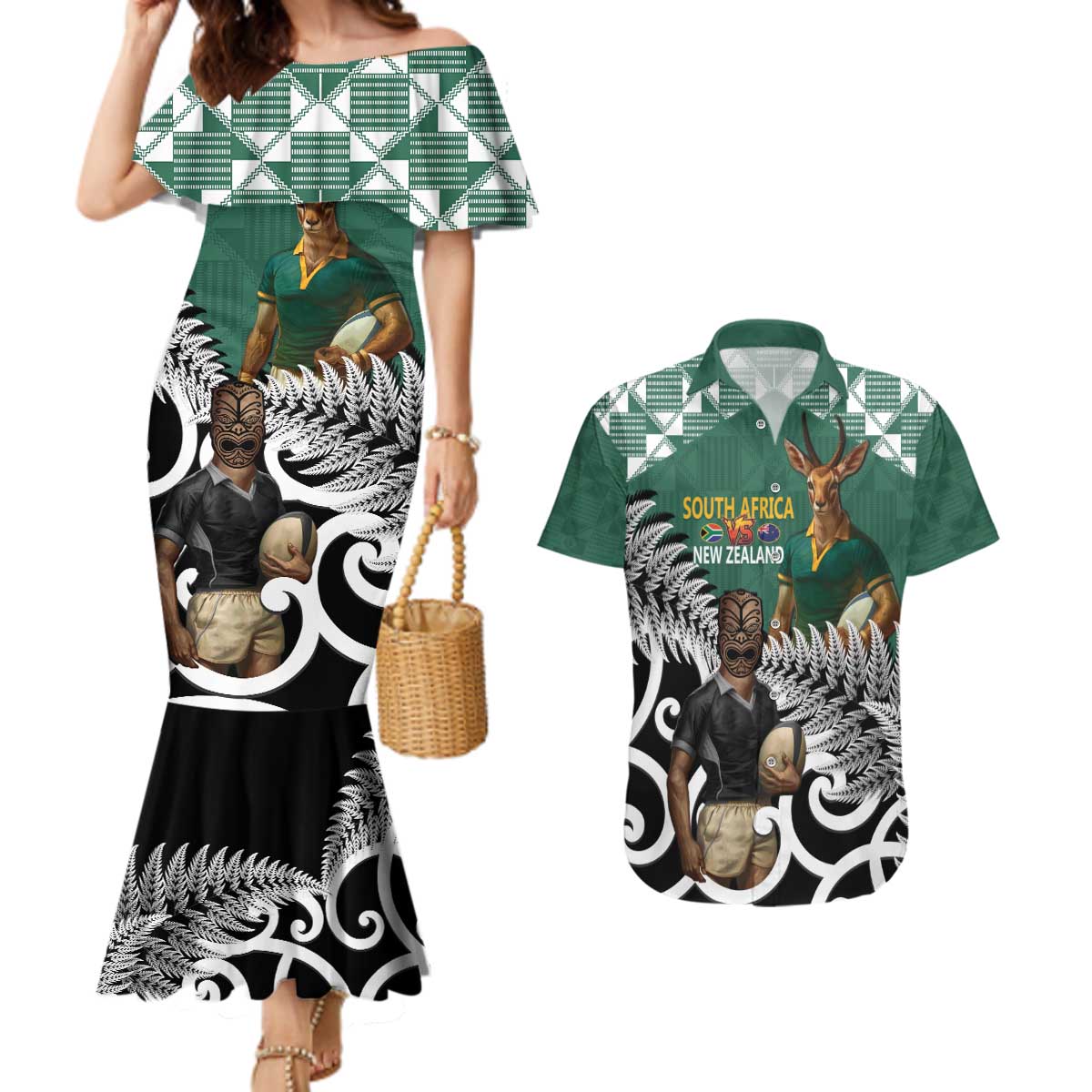 New Zealand South Africa Rugby Custom Couples Matching Mermaid Dress and Hawaiian Shirt Springboks Kente All Black Maori Together - Aussie Hoodie