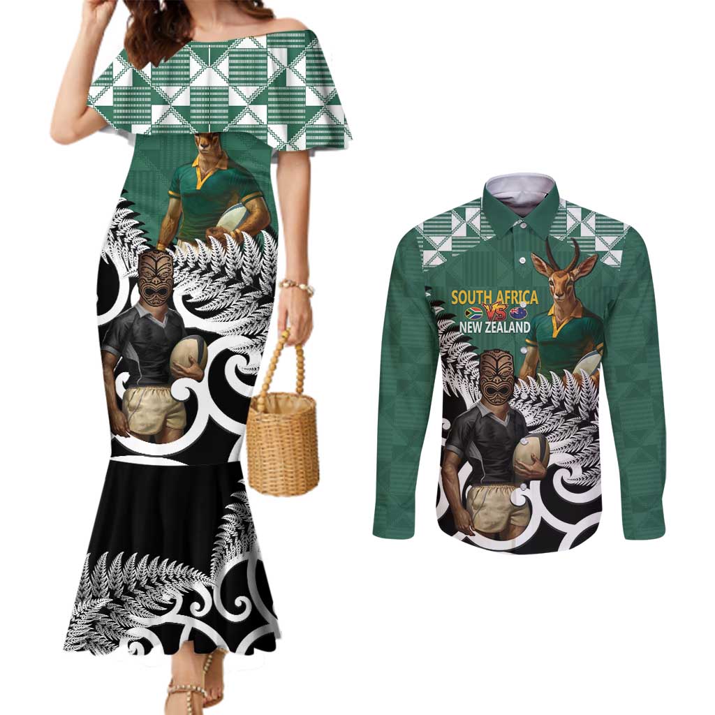 New Zealand South Africa Rugby Custom Couples Matching Mermaid Dress and Long Sleeve Button Shirt Springboks Kente All Black Maori Together - Aussie Hoodie