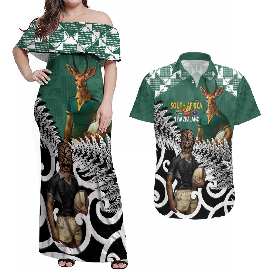 New Zealand South Africa Rugby Custom Couples Matching Off Shoulder Maxi Dress and Hawaiian Shirt Springboks Kente All Black Maori Together - Aussie Hoodie