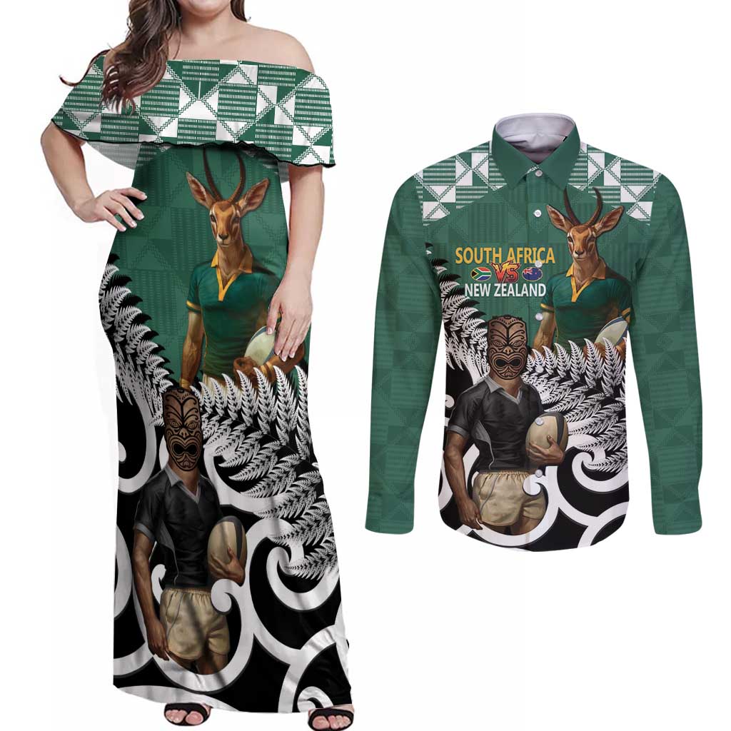 New Zealand South Africa Rugby Custom Couples Matching Off Shoulder Maxi Dress and Long Sleeve Button Shirt Springboks Kente All Black Maori Together - Aussie Hoodie